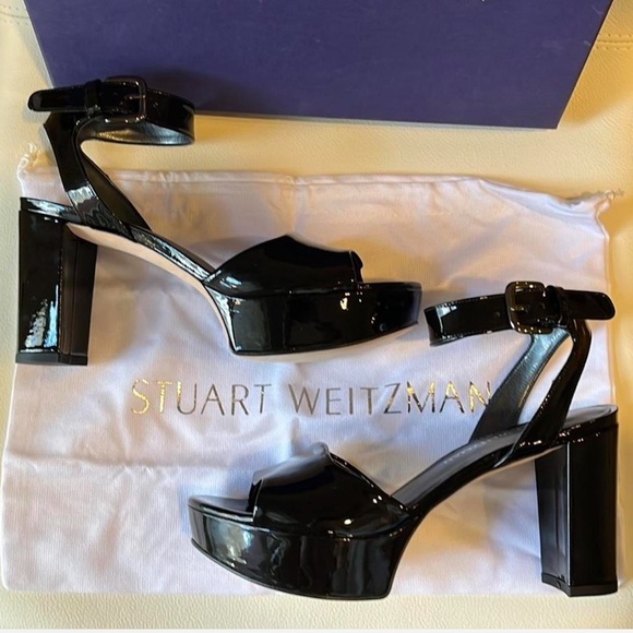 New In Box Stuart Weitzman “Real Deal” black patent leather platform sandals 7.5 - Picture 3 of 9